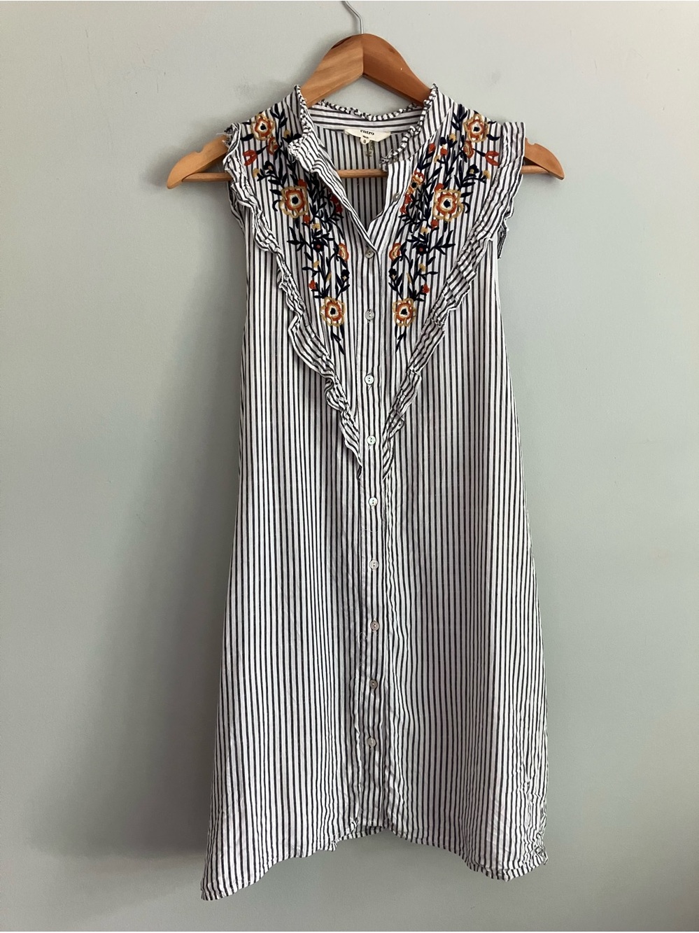 ENTRO Blue and White Striped Floral Embroidered Shirt Tank Dress Size S - Picture 3 of 14